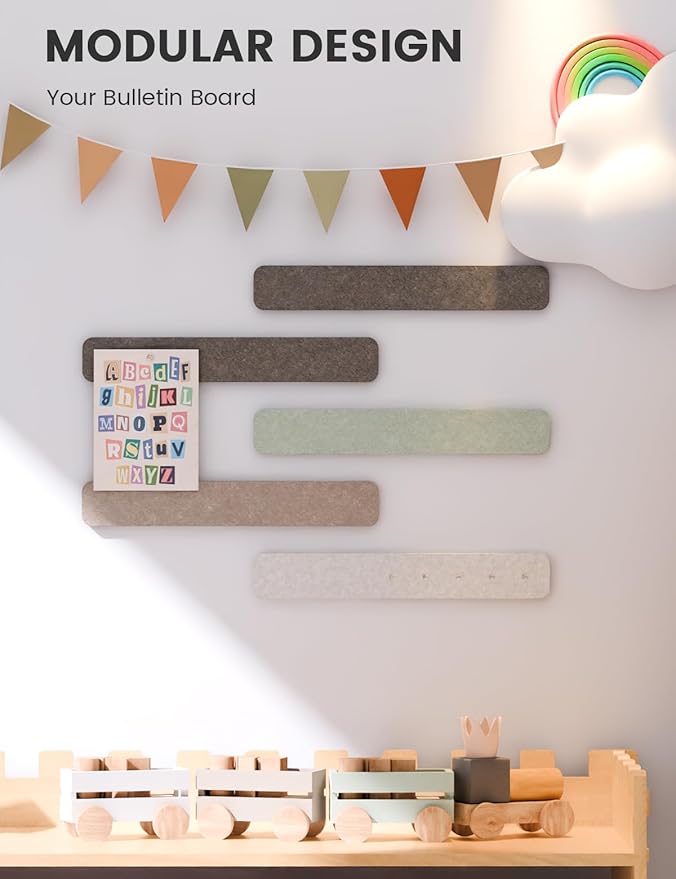 Fluxynara 13" x 2" Felt Wall Panels, Linen Dusk | 5-Pack Cork Board Alternative with 35 Push Pins, Adhesive Mounting for Bedroom Door or Home Office - Image 5