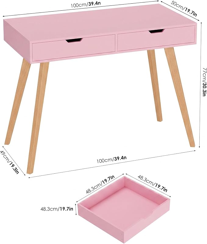 FOTOSOK White Computer Writing Desk with 2 Drawers, Small Desk Makeup Vanity Table Wood Desk with 4 Oak Legs, Modern Home Office Desk Console Study Table, Pink - Image 2