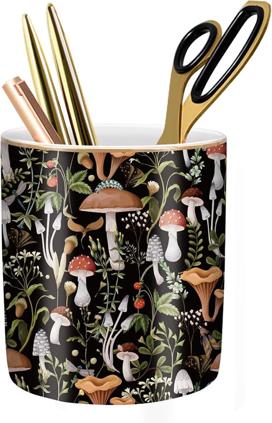 Pen Pencil Holder for Desk, Ceramic Pen Cup Cute Makeup Brush Holder, Unique Desk Multifunctional Pens Organizer for Home, Office, Mushrooms Pattern by WAVEYU