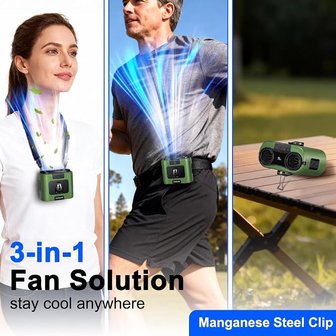 CAZOKASI 2026 Upgrade 20000mAh Waist Clip Fan Wearable Fan Portable Personal Body Fan Powerful Upto 36H Cooling and Heatstroke Prevention Fan (20000mAh/Green) - Image 4