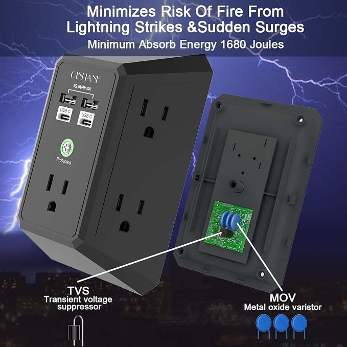 USB Wall Charger, Surge Protector, QINLIANF 5 Outlet Extender with 4 USB Charging Ports(2U2C) 3-Sided 1680J Power Strip Multi Plug Outlets Wall Adapter Spaced for Home Travel Office,Black - Image 6