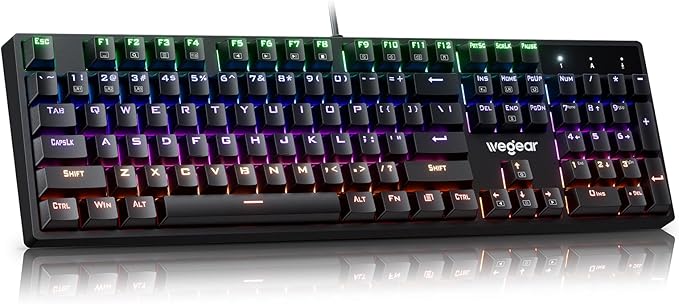 wegear Wired Mechanical Gaming Keyboard with Clicky Switch,104-Key, Black | Full Size, 11 Modes RGB Backlit, Anti-Ghosting, Double-Shot ABS Keycaps, Lighted Computer Key-Board for PC Windows by wegear