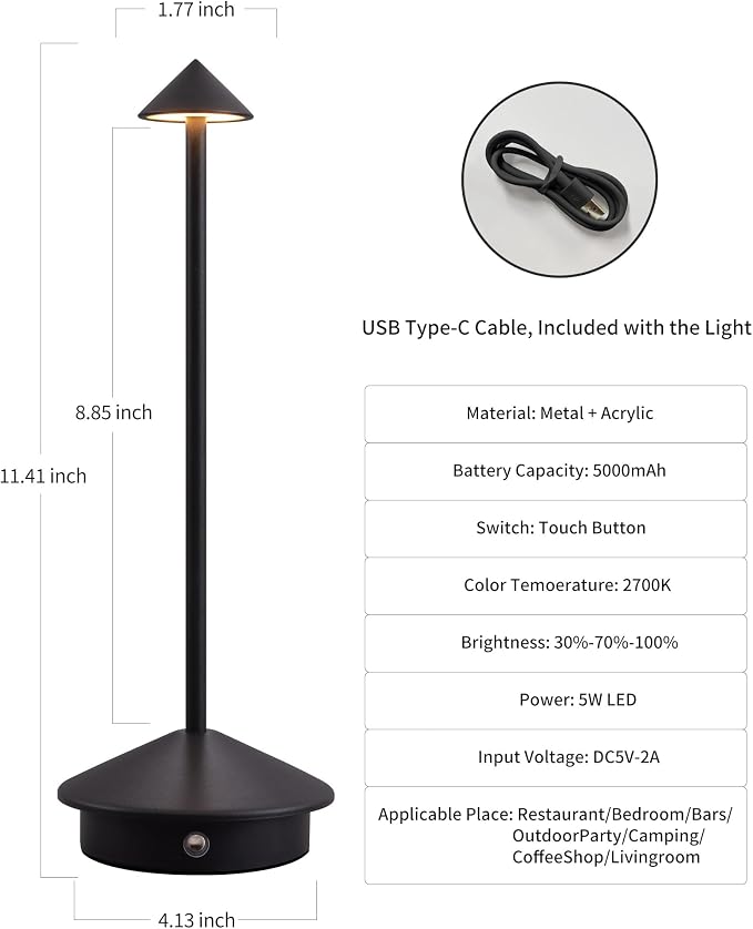 Modern Cordless Table Lamp Set of 2, Black Portable LED Desk Lamps | 5000mAh, Rechargeable, Battery Operated Lighting for Bedroom, Dining Room, Restaurant, Coffee Shop, Camping, Night Light - Image 5