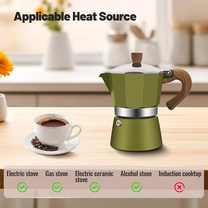 6 Cup Aluminum Moka Pot Classic Stovetop Espresso Coffee Maker 300ml 10oz Coffeemaker Percolator Mocha Pot Greca Coffee Maker Cafe Makers for Italian and Cuban Café Brewing Green - Image 4