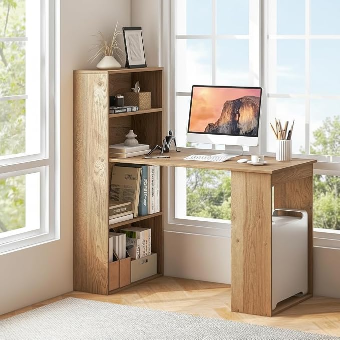 Tangkula Computer Desk with Bookshelf, Writing Study Desk with Storage Shelves & CPU Stand, Modern Compact Computer Workstation for Home & Office, Space-Saving Design(Natural) | Natural Wood Desk w/Storage Shelves & CPU Stand, Space-Saving Design Writi... - Image 4