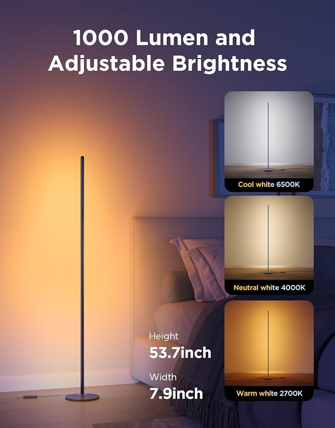 Govee RGBIC Floor Lamp Basic, 1000lm LED Corner Lamp, Black | Compatible with Alexa and Matter, Modern Floor Lamp with Music Sync and 16 Million DIY Colors, Standing Lamp for Bedroom - Image 4
