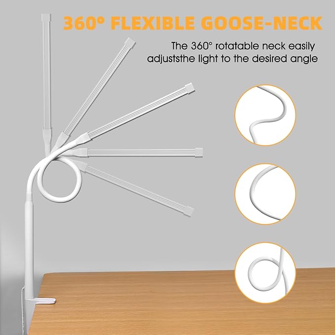 Voncerus LED Desk Lamp with Clamp, Eye-Caring Clip on Lights for Home Office, 3 Modes 10 Brightness, Long Flexible Goose-Neck, Metal, Swing Arm Architect Task Table Lamps with USB Adapter, White | 3 Modes 10 Brightness, Long Flexible Goose-Neck, Eye-Ca... - Image 3