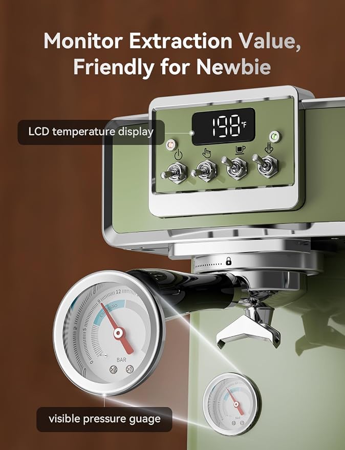 Neretva Professional Retro Espresso Machine with 58mm Portafilter, Green | Visible Pressure Gauge, Powerful Steam Wand, 15 Bar Stainless Steel Espresso Maker for home baristas to make latte cappuccino - Image 2