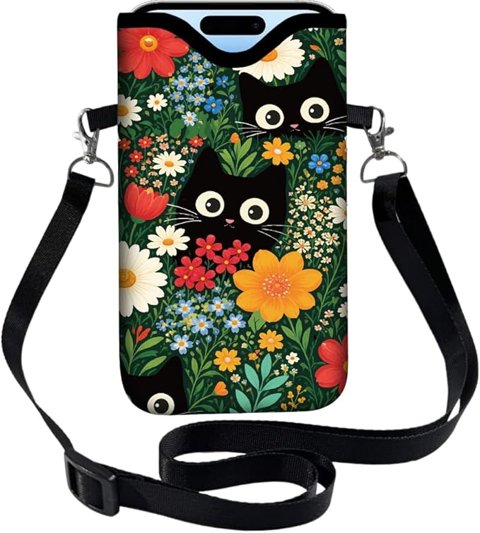 Cat Phone Pouch with Adjustable Strap Neck Lanyard Fits Most Smartphones 7.1 x 3.9 Inch Phone Crossbody Sleeve Black Cat Flower Pattern Neoprene Nylon Cellphone Carrying Case for Women Men by PRESSINART