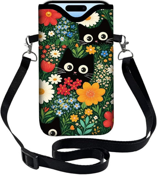 Cat Phone Pouch with Adjustable Strap Neck Lanyard Fits Most Smartphones 7.1 x 3.9 Inch Phone Crossbody Sleeve Black Cat Flower Pattern Neoprene Nylon Cellphone Carrying Case for Women Men by PRESSINART