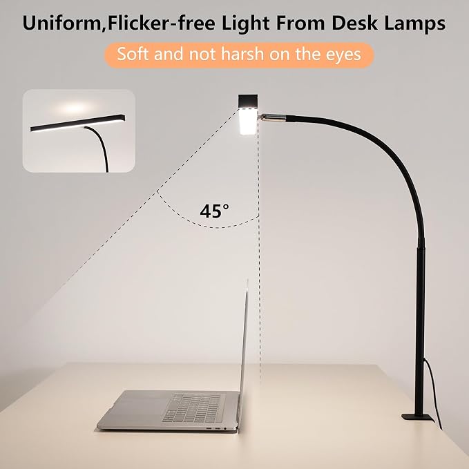 LED Desk Lamp for Office Home, Adjustable Flexible Eye-Caring Desk Light with,5 Modes 10 Brightness Adjustment, USB Adapter Desk Lamp with Clamp-T-B - Image 6