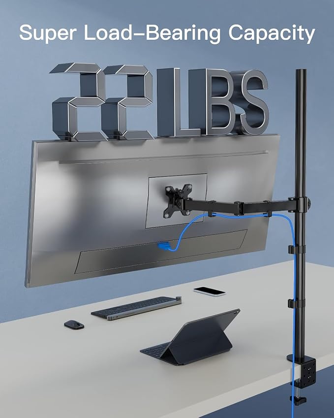 HUANUO Single Monitor Arm with 39 inch Extra-Tall Pole, Adjustable Computer Desk Mount for 13–32 inch Screens and up to 38 inch Ultrawide Screens, Hold 22 lbs, Monitor Stand with C-Clamp & Grommt Base - Image 8