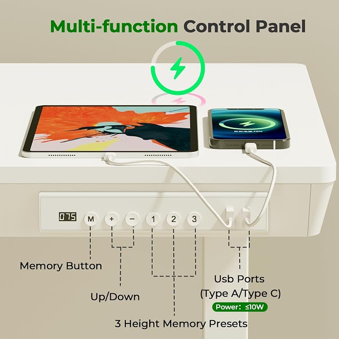 35" Electric Standing Desk with Drawer, 4 Lockable Wheels | Height Adjustable Quick Install One-Piece Tabletop with USB Charging Port, Small Sit to Stand up Desk for Home Office, White - Image 5