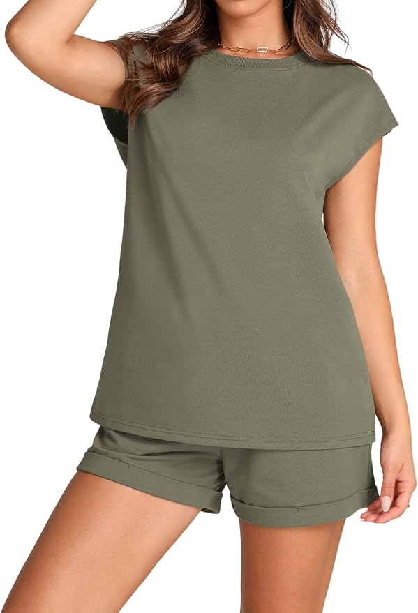 WIHOLL 2 Piece Sets for Women Casual Summer Travel Vacation Outfits Cap Sleeve Shorts Lounge Set - Image 4