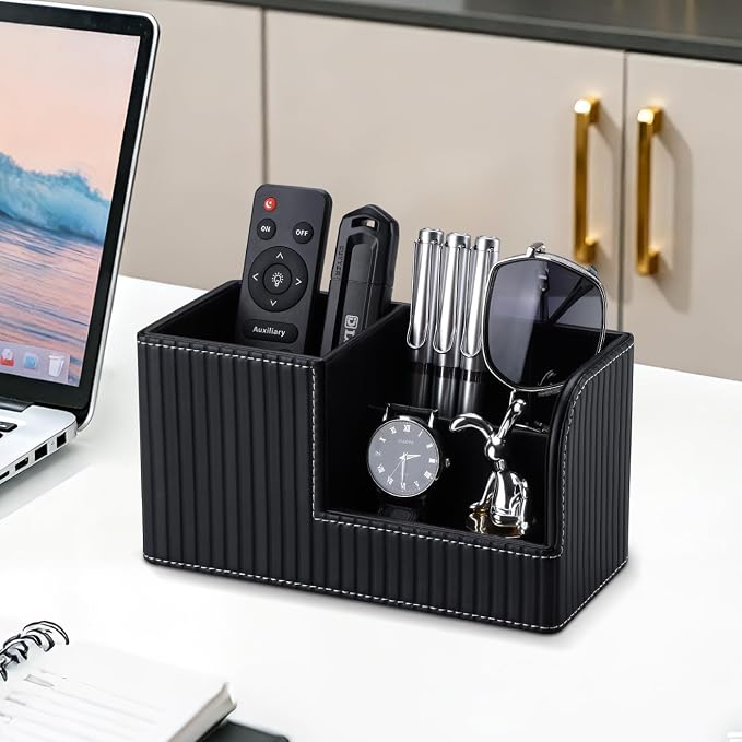 KINGFOM Desk Pen Organizer Office Supplies Caddy Pu Leather Multi-function Storage Box Pen/Pencil,Cell phone, Business Name Cards Remote Control Holder (Black) - Image 2