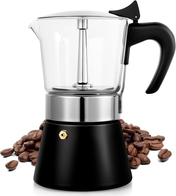 9 Cup 450ml Glass Moka Pot, Stovetop Espresso Maker, Black | Crystal Glass-top & Stainless Steel Coffee Maker, Induction Compatible, for Greca de Cafe, Cuban and Italian Coffee Brewing by Suiitat