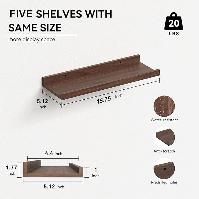 RICHER HOUSE 5-Set Floating Shelves with Lip, Walnut Wall Mounted Shelf | Display Picture Ledge Shelf, Anti-drop lip Shelf for Room Wall Decor, Bedroom Bathroom Storage Nursery Books, Easy Setup 16in - Image 3