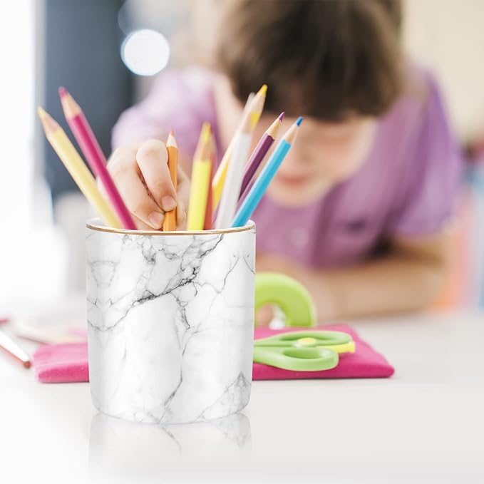 Pen Holder for Desk Cute, Modern Marble Desk Organizer, Durable Ceramic Pencil Cup, Makeup Brush Holder Cup, Multifunctional Office Stationery Holder for Women, Men, White Marble - Image 5