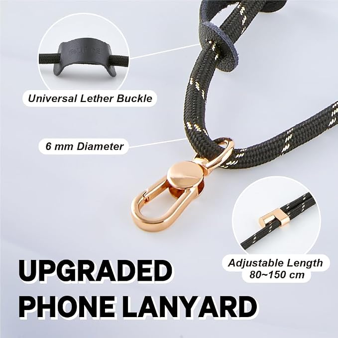Universal Phone Lanyard, Anti-Theft Crossbody Strap for iPhone 16 Pro Max and Most Smartphone, Adjustable Cell Phone Neck Holder w/2 Non-Adhesive Tether Tab for Men and Women, Black-Gold/Gold - Image 2