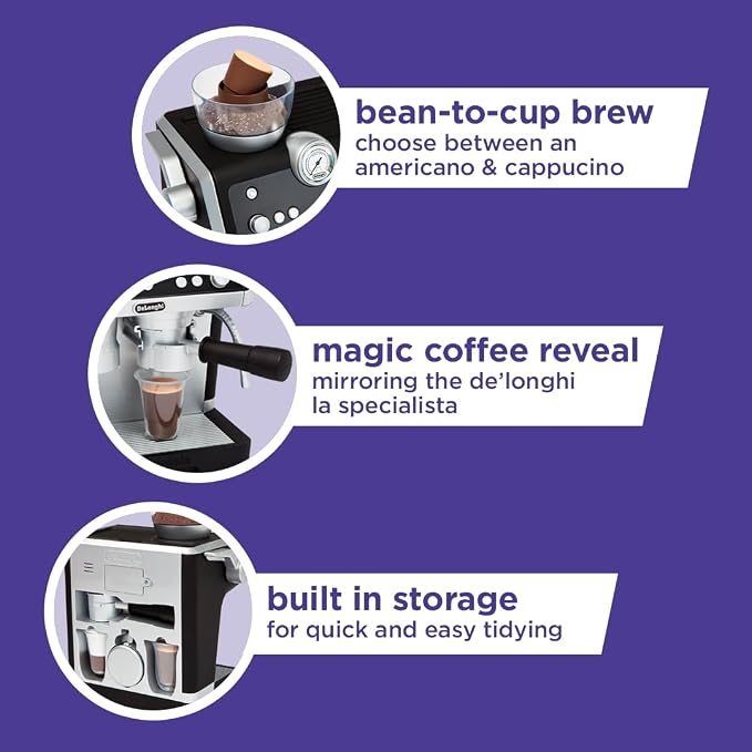 Casdon De'Longhi Toys Barista Coffee Machine. Toy Kitchen Playset for Kids with Moving Parts, Realistic Sounds and Magic Coffee Reveal. For Children Aged 3+, Silver, Black - Image 6