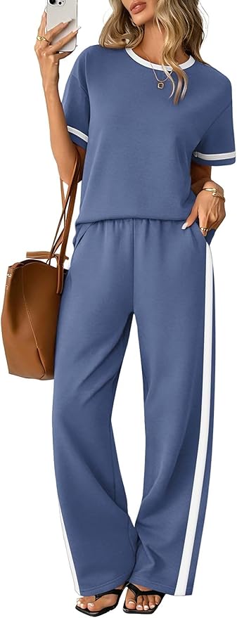Sampeel 2 Piece Sets for Women Matching Sets Summer Outfits Resort Wear Short Sleeve Lounge Set Wide Leg Pants with Pockets by SAMPEEL