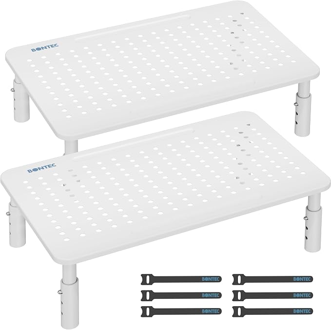 BONTEC Monitor Stand for Desk 2 Pack, 3-Level Height Adjustable Metal Monitor Riser, Ergonomic Computer Stand with Pen Holder & Cable Management for Printer, Laptop, Office Workstation, White by BONTEC
