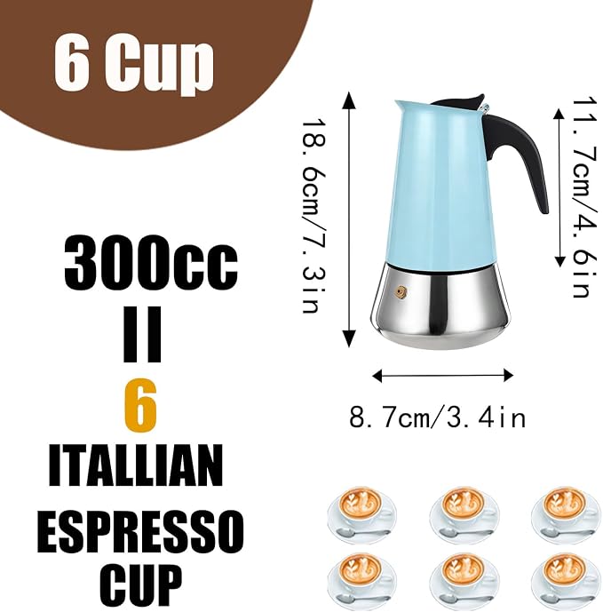 DITOSH6 Cup Stovetop Espresso Maker Stainless Steel Moka Pot Stove Top Percolator Italian Coffee Makers Capable Mocha Greca Machine Cafe Classic Induction Cookers for Home and Camping 300ml 10oz - Image 3