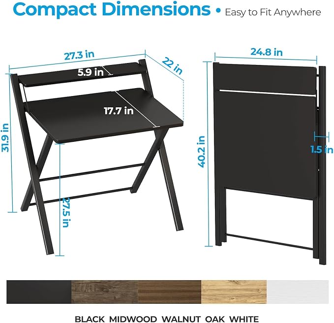 GreenForest Folding Desk No Assembly, Sturdy Computer Desk for Small Spaces | Portable Foldable Table for Laptop, 2-Tier Compact with Shelf, Space Saving for Home Office, Dorm, Apartment, 27"x 22" Black - Image 3