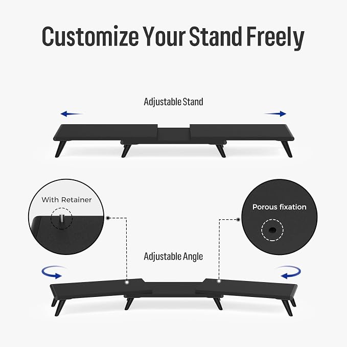 loukin Dual Monitor Stand Riser for Desk, 43.6"*8.2"*3.2" Large Computer Stand for 2 Monitors, Laptop, Printer, Length and Angle Adjustable Computer Shelf, Home Office,Max 43.6" Length(Black) - Image 2