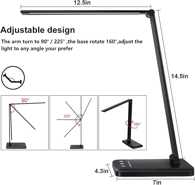 White crown LED Desk Lamp Dimmable Table Lamp Reading Lamp with USB Charging Port, 5 Lighting Modes, Sensitive Control, 30/60 Minutes Timer (Black, First-Generation) - Image 5