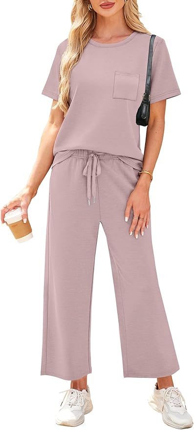 WIHOLL 2 Piece Sets for Women Casual Summer Travel Vacation Outfits Short Sleeve Wide Leg Crop Pants Lounge Sets - Image 2