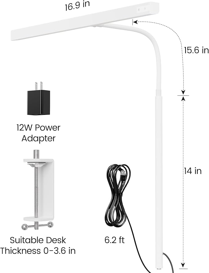 SUPERDANNY LED Desk Lamp for Home Office, Eye-Caring Desk Light with Adjustable Gooseneck, 12W Touch Control Dimmable Brightness, Architect Clamp Lamp with USB Adapter, White - Image 6