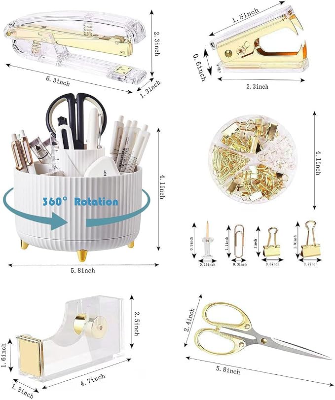 Gawsey Gold Desk Organizers and Accessories with Desk Organizer 360° Rotating Pen Holder and Office Supplies, Cute Stationery Supplies Set - Image 2