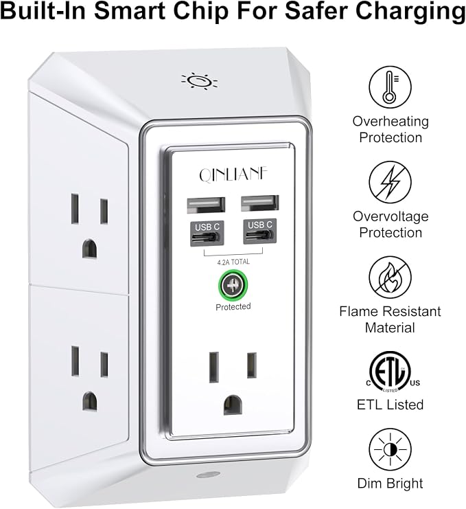 3-Sided Outlet Extender with Night Light - QINLIANF Multi Plug Outlet with 5 Outlets and 4 USB Ports(2 USB-C), USB Wall Charger for Home, Office, Travel, ETL Listed, White - Image 2