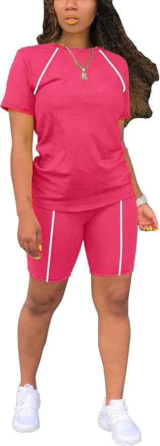 STOLKISS Women 2 piece Short Sets Classic Striped Outfits Summer Casual Short Sleeve T-Shirt and Short Jogger Tracksuits Sets by STOLKISSWOMENSCLOTHES