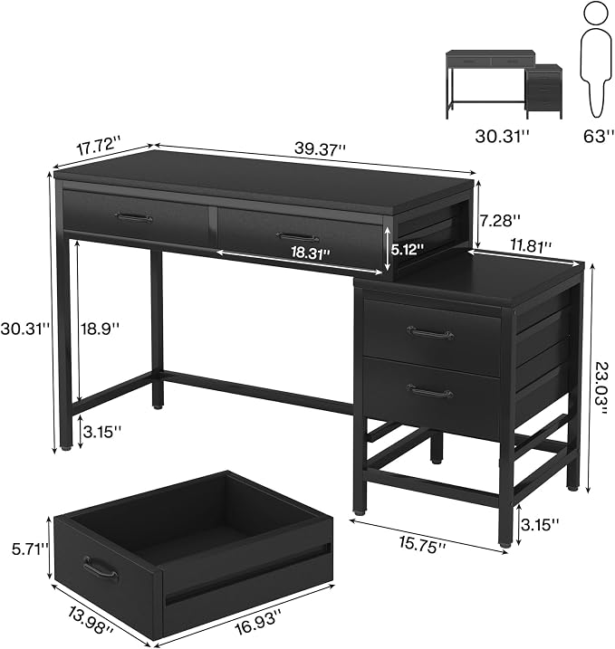 Tribesigns Computer Desk with 5 Drawers, Reversible Home Office Desks | Small Desk with Drawer Cabinet Printer Stand, PC Desk with Storage, Black Study Writing Table Workstation for Small Spaces - Image 2