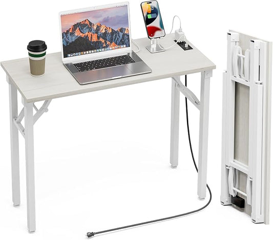 TEMI Small Computer Desk Folding Table - No Assembly, Compact 35.8" Foldable Desk with Power Outlets & USB Charging Port, Portable Small Office Desk, Ideal Mini Study Table for Narrow Spaces,White Ash by TEMI