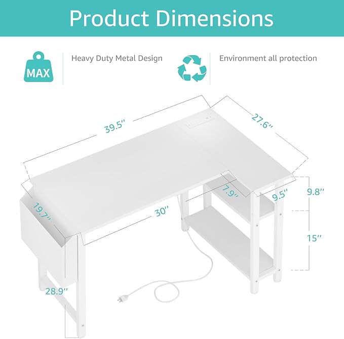 Lufeiya White L Shaped Computer Desk with Power Outlet Shelves, 40 Inch Small Reversible Corner Desk for Small Space Home Office, L-Shaped Desk PC Desks, White - Image 3