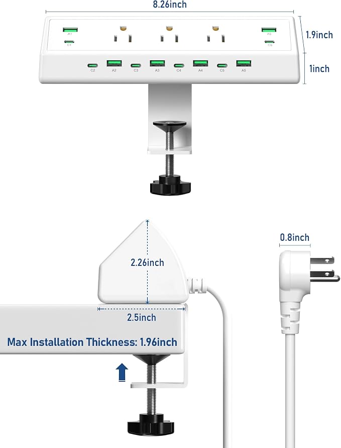 Jgstkcity 90W Desk Clamp Power Strip,12 USB Ports (6 PD 45W USB-C),Surge Protector,ETL Listed Power Hub Extension Cord,Fast Charging Station for Home Office Desk Edge Mount (White, 12 USB-90W) - Image 7