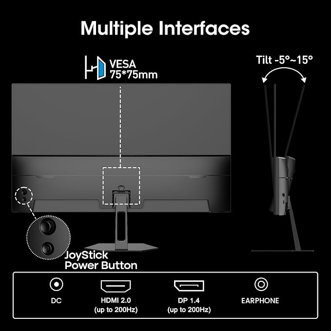 Amzfast 24 Inch Gaming Monitor 200Hz FHD 1080p Computer Monitor, 1ms Adaptive Sync, 3000:1, 129% sRGB, HDR Display, Eye Care, VESA 75x75, Metal Stand, HDMI 2.0 | DP 1.4, AMZG24X1 - Image 8