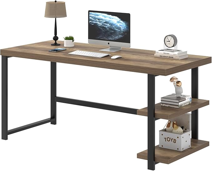 FOLUBAN 60 Inch Home Office Desk, Large Computer Desk with Storage Shelves, Modern Wood and Metal Writing Study Gaming Table Workstation for Living Room, Rustic Oak - Image 8