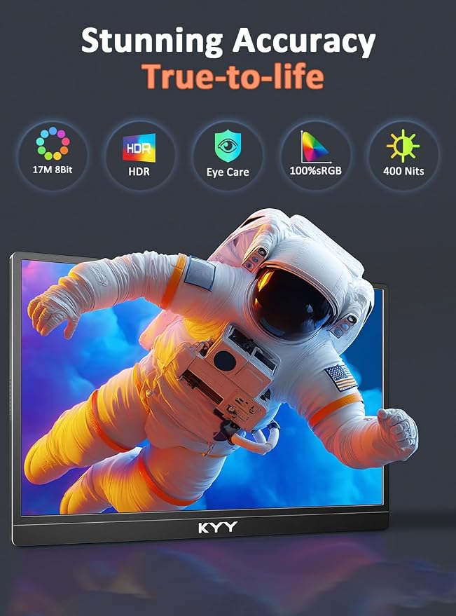 KYY 4K Portable Monitor 15.6" Portable Monitor for Laptop UHD IPS 3840X2160 External Screen with 100% sRGB & HDR Gaming Display for Laptop PS5/4 Xbox Switch with Speakers, VESA Compatible - Image 3