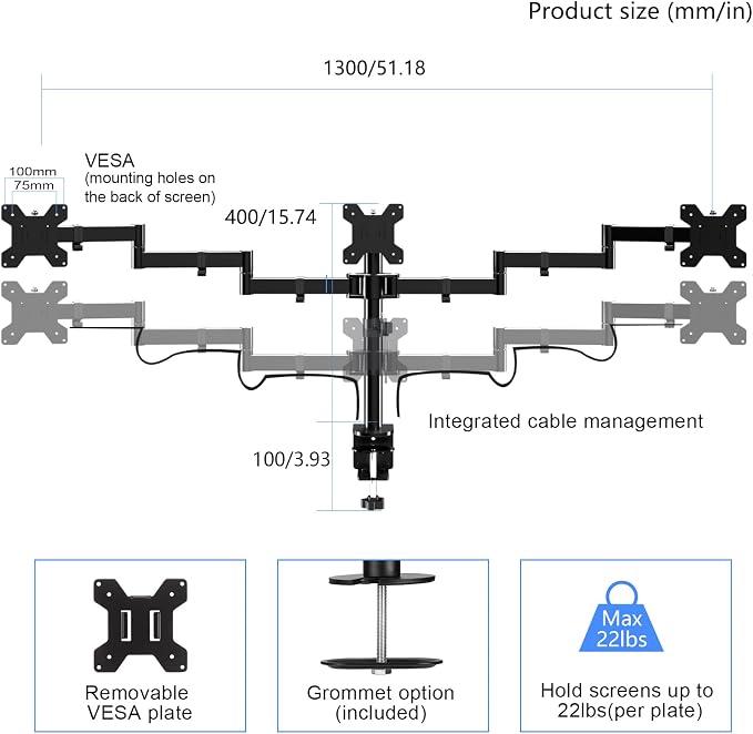 Suptek Triple LED LCD Monitor Desk Mount Heavy Duty Fully Adjustable Stand for 3 / Three Screens up to 27 inch (MD6463) - Image 4