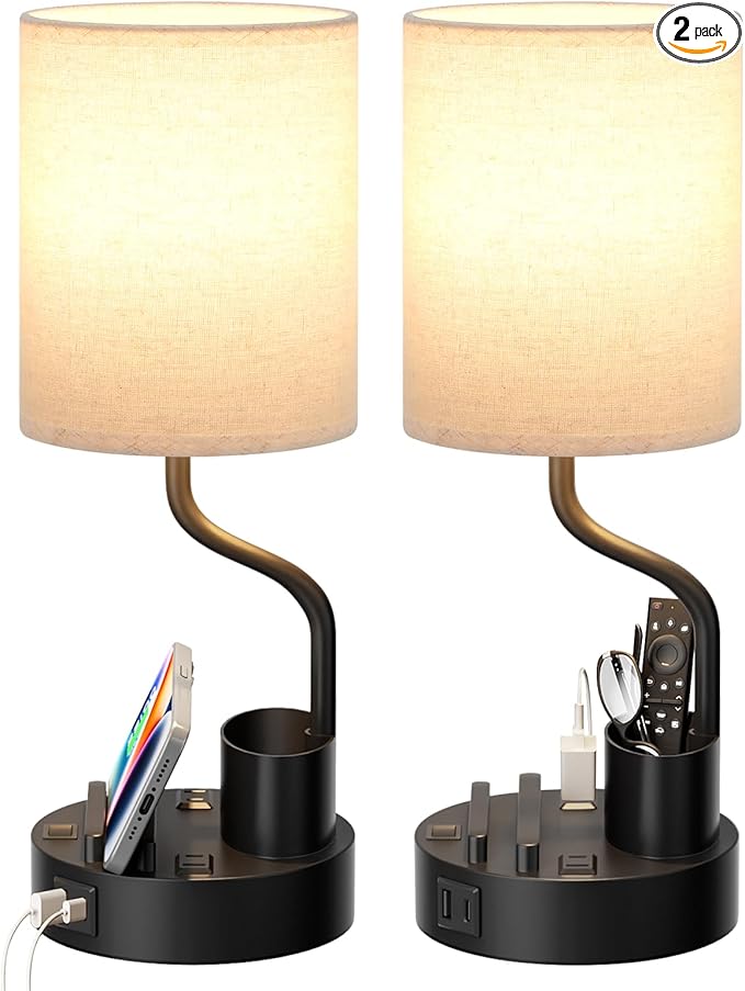 Fenmzee Bedside Lamps for Bedroom Set of 2 - Table Desk Lamp for Nightstand | 15" Table Lamp for Living Room with Pen Holder & Phone Stand, USB A+C Port, AC Outlet, 3 Color Temperature, LED Bulb Included by Fenmzeelighting