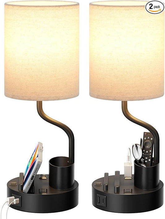 Fenmzee Bedside Lamps for Bedroom Set of 2 - Table Desk Lamp for Nightstand | 15" Table Lamp for Living Room with Pen Holder & Phone Stand, USB A+C Port, AC Outlet, 3 Color Temperature, LED Bulb Included by Fenmzeelighting