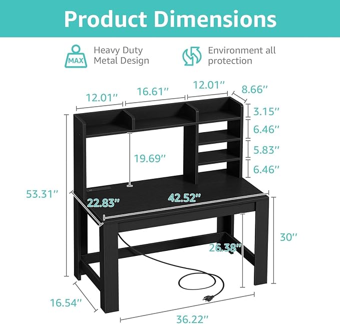 WINAZ 43" Black Gaming Desk with Hutch and Built-in Power Outlet | Modern Computer Desk with 3-Tier Storage Shelves and Hutch, Space-Saving Writing Table for Home Office - Image 3