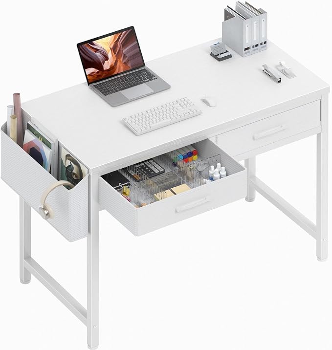 DLisiting 32 Inch Small White Desk with 2 Drawers, Study Writing Computer Desk with Storage Drawer for Bedroom Home Office, Vanity Table Without Mirror for Girls Small Spaces by Unknown