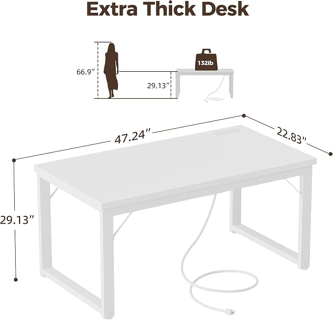 Mericonia 48 Inch Computer Desk with Power Outlets, 1.2" Thick Office Table | Modern Simple Style, Heavy Duty Industrial Frame, Small Study & Writing Table for Home Bedroom Work, White - Image 2