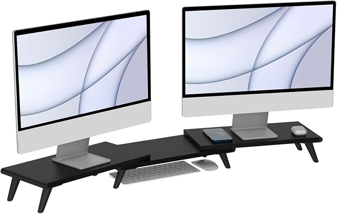 loukin Dual Monitor Stand Riser for Desk, 43.6"*8.2"*3.2" Large Computer Stand for 2 Monitors, Laptop, Printer, Length and Angle Adjustable Computer Shelf, Home Office,Max 43.6" Length(Black) by LOUKIN