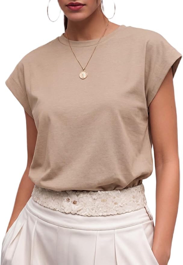 GRECERELLE Womens Summer Tops Cap Sleeve Crew Neck Basic T-Shirt | Everyday Casual Wear, Layering Friendly, Wrinkle-Resistant, Business Casual Ready, Lightweight & Packable, Capsule Wardrobe by GRECERELLE